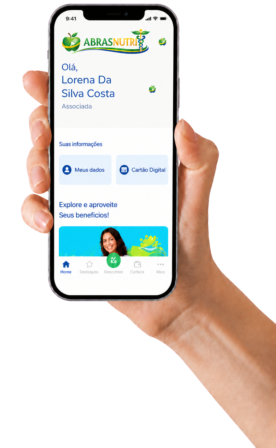 Celular exibindo o aplicativo de benefícios da ABRASNUTRI