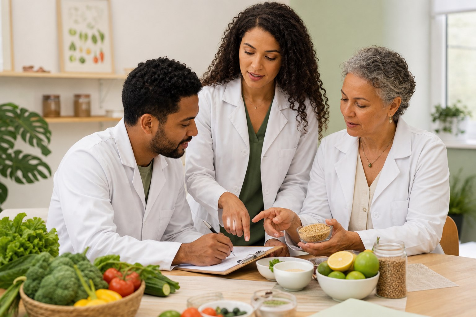 Três profissionais de Nutrição colaborando em um ambiente de orientação alimentar